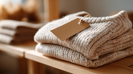 Folded knitted sweaters with blank kraft tag on wooden shelf — warm minimal retail still life for sustainable fashion branding, product mockup, ecommerce listing, boutique identity, and price label