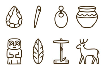 Primitive tools and artifacts: ancient implements and symbols on brown background