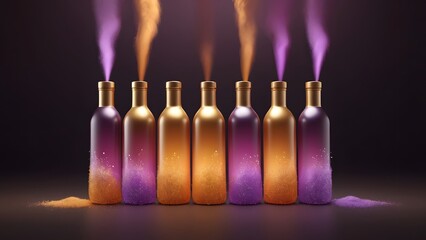 Row of Elegant Metallic Bottles, Golden and Purple, Emitting Vibrant Shimmering Powder Plumes Against a Dramatic Dark Background