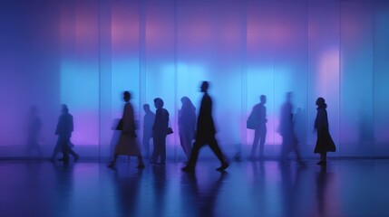 People Walking Through a Blue and Purple Glass Corridor in Motion &mdash; Silhouettes, Modern Office Space, Abstract Lighting
