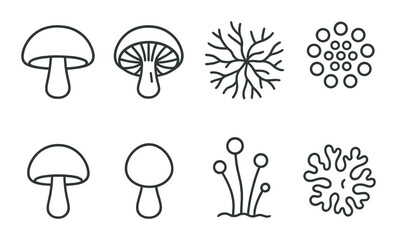 Minimalist gray mushroom and fungi icons on dark background