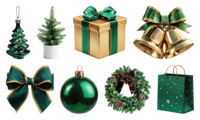 PNG Festive green and gold decorations, element set on transparent background