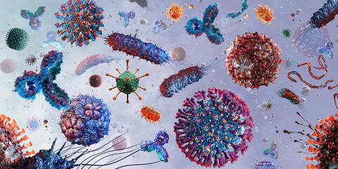 Virus species, microscopic organisms, bacteria, pathogenic microbes, viral particles suspended in liquid medium. Infection mechanisms, molecular processes, immune interaction. 3D scientific background