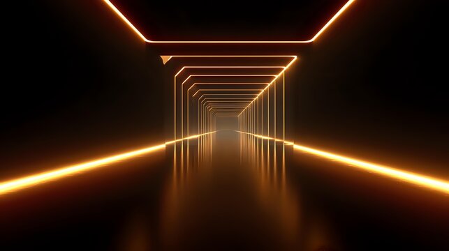 Abstract glowing neon tunnel perspective with geometric shapes and light reflections suitable for futuristic backgrounds and technology concepts