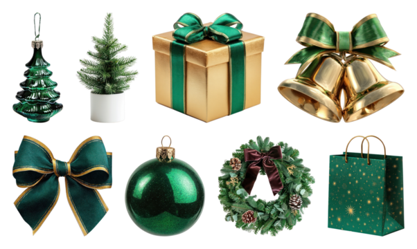 PNG Festive green and gold decorations, element set on transparent background