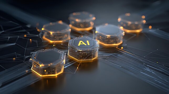 AI technology concept futuristic digital hexagon grid with glowing lights representing artificial intelligence and machine learning