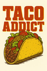 Retro Taco Addict design with a classic, vibrant illustration of a hard-shell taco packed with savory beef, crisp lettuce, juicy tomatoes, and melted cheese, perfect for Mexican food lovers