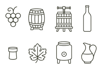 Vintage wine making icons featuring grapes barrel leaf and bottle