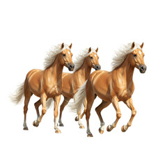 Obraz premium Graceful trio of palomino horses galloping freely on an isolated transparent setting