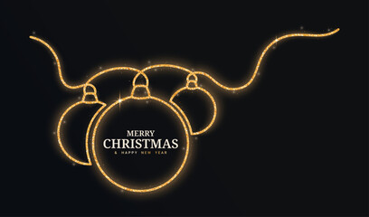 Gold glitter balls continuous line isolated on a black background. Christmas glowing balls with confetti. Vector illustration