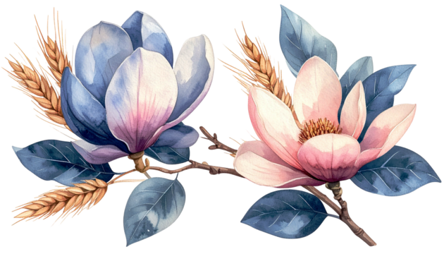 Watercolor illustration of two blooming magnolias with wheat and leaves