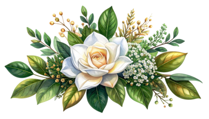 Floral arrangement with a central white bloom and surrounding greenery