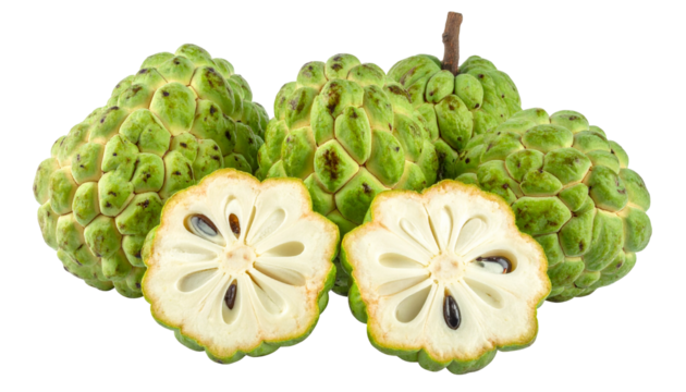 Four green fruits, one bisected, revealing creamy flesh with dark seeds