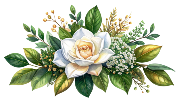 Floral arrangement with a central white bloom and surrounding greenery