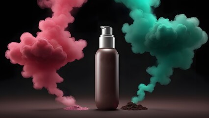 Elegant Brown Pump Dispenser Bottle Displayed with Dynamic Pink and Teal Smoke and Natural Powders on a Moody Dark Background for Beauty Product Advertising