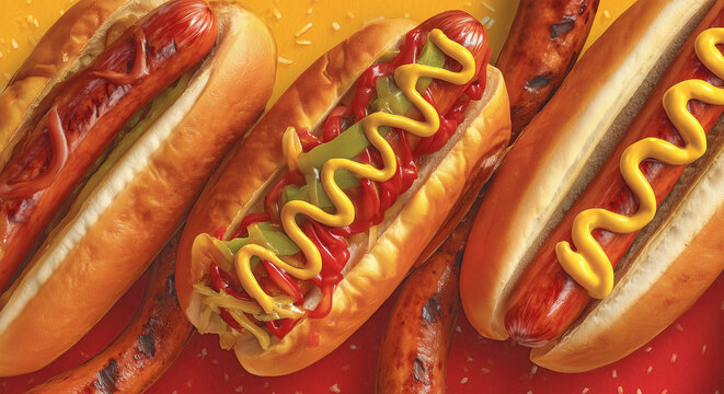 Bright, appetizing hot dog banner with grilled sausages in buns topped with ketchup and mustard on a vivid yellow background, styled as a bold promotional sign for a hot dog shop. retro style