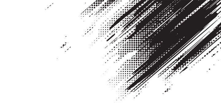 Abstract black and white grunge background with diagonal brush strokes and halftone dot texture, creating a distressed and modern graphic design element.