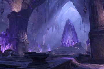 Mystical Purple Crystal Cave Interior