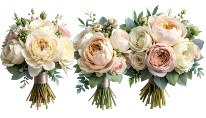 Three elegant bouquets of creamy roses, greens, & soft blush, tied neatly