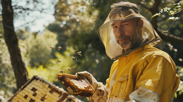 Beekeeper inspecting honeycomb surrounded by bees in nature