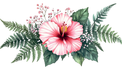 Vivid pink hibiscus with foliage and berries; a detailed floral arrangement