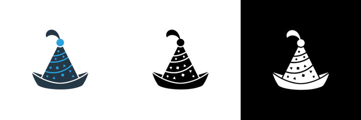 A festive party hat with stripes and dots, shown in color, bold black, and white versions, highlighting its playful design for celebrations and joyful events.