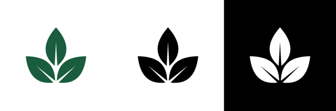 A simple three-leaf icon symbolizing nature and growth, shown in color, solid black, and white versions to fit light or dark backgrounds.