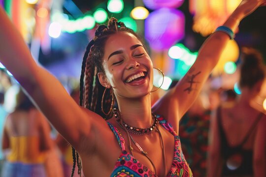 Woman with braided hair enjoying vibrant festival lights at night - Powered by Adobe