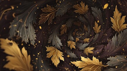 Golden Silver Leaves Spiral Design Background
