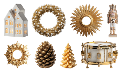 PNG Elegant gold Christmas decorations assortment, element set on transparent background