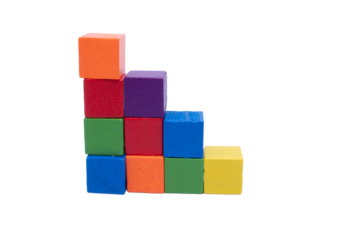 Colorful toy blocks building steps on transparent background