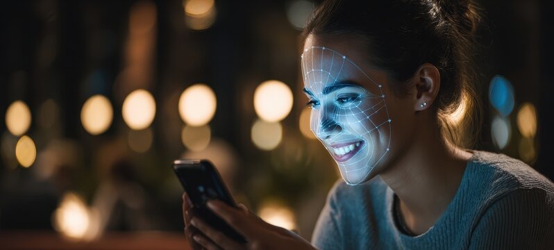 The Woman Using a Smartphone with Facial Recognition for Secure Authentication in Nighttime - Powered by Adobe