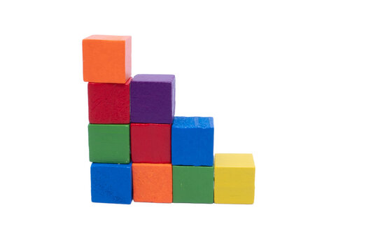 Colorful toy blocks building steps on transparent background