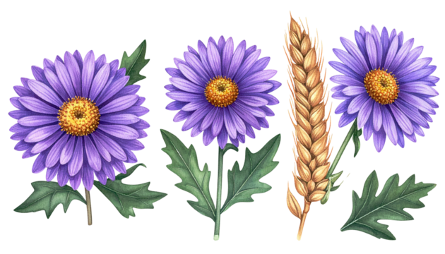 Vivid digital illustration of three purple aster flowers and a wheat stalk