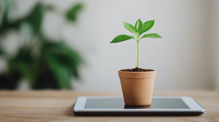 Concept of green investment showing small plant sprouting from golden coins on digital tablet.