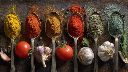 Vibrant array of colorful spices and fresh ingredients artfully arranged for culinary inspiration and gourmet cooking adventures