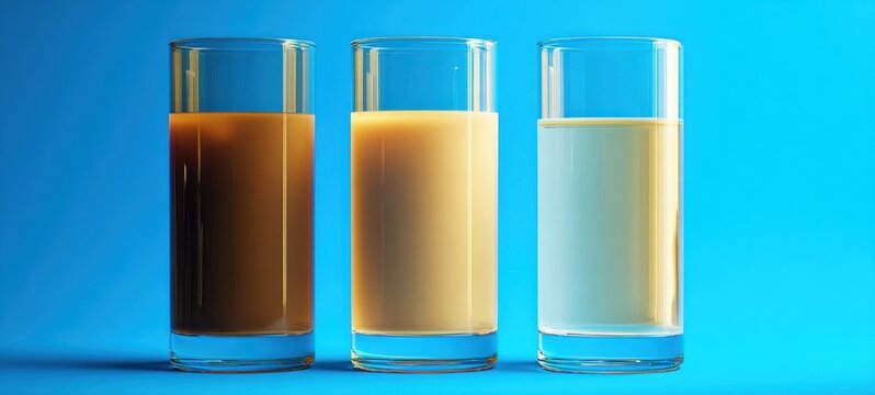 The three glasses of milk and coffee arranged against a bright blue background