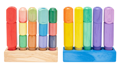 Two colorful wooden toys with vertical, stacked, cylindrical pieces in rows