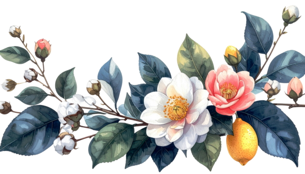 Floral border with white, pink blooms, cotton, blue-green leaves, lemon