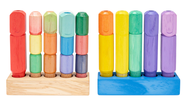 Two colorful wooden toys with vertical, stacked, cylindrical pieces in rows