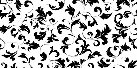 Black and white floral pattern with intricate scrollwork and leaves on white