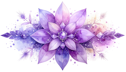 Watercolor-style floral design, purple & lavender hues, with gem accents & glitter
