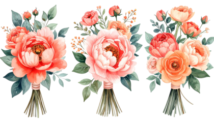 Three watercolor floral bouquets tied with twine, coral and peach blooms
