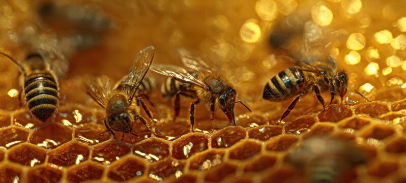 The honeybees on golden honeycomb in macro closeup with dripping honey - Powered by Adobe