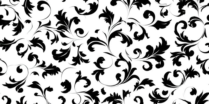 Black and white floral pattern with intricate scrollwork and leaves on white
