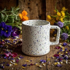 Colorful Speckled Mug Surrounded By Flowers On Wooden Table
