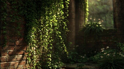 Sunlight Filtering Through Ivy On Brick Wall