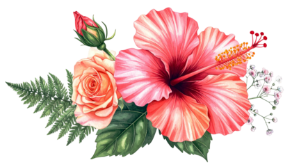 Watercolor floral arrangement with hibiscus, rose, and fern on black