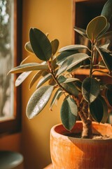 Ficus Plant In Terracotta Pot With Water Droplets Under Warm Sunlight