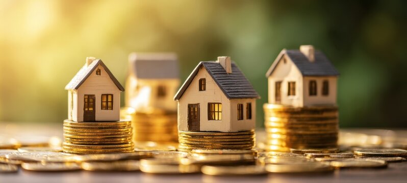 The model houses on stacked gold coins representing real estate investment and property savings